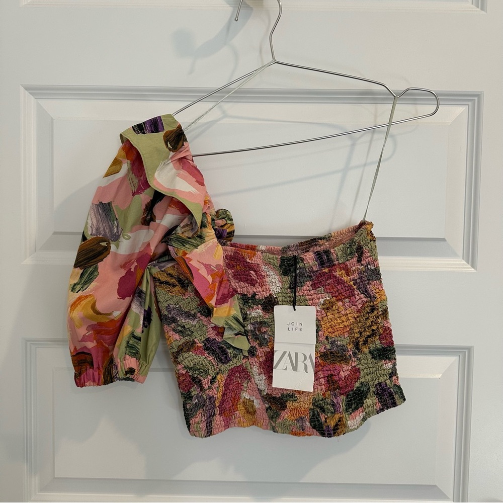 NWT Zara Multicolor One-Shoulder Textured Knit Top